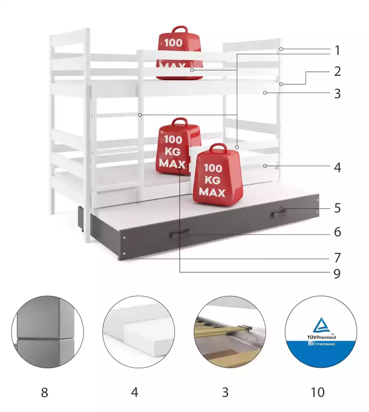 Composants pour Lit ado superposé 3 places Éric 90X200 avec matelas et tiroir, blanc/gris Composants pour Lit ado superposé 3 places Éric 90X200 avec matelas et tiroir, blanc/gris