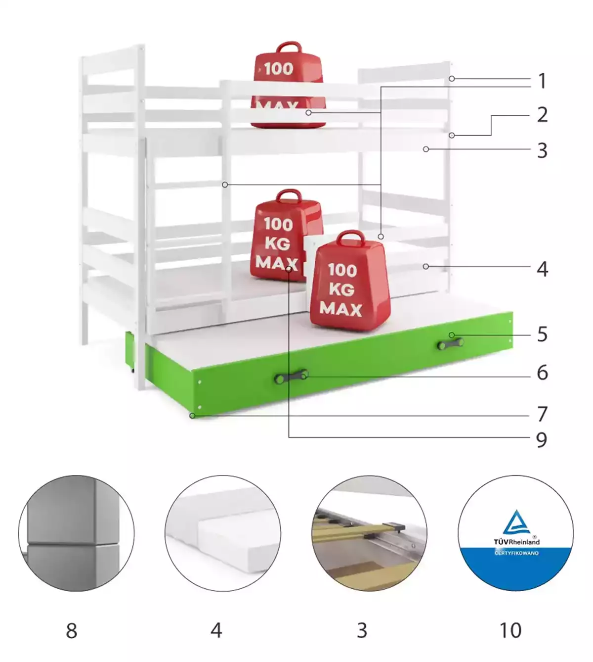 Composants pour Lit ado superposé 3 places Éric 90X200 avec matelas et tiroir, blanc/vert Composants pour Lit ado superposé 3 places Éric 90X200 avec matelas et tiroir, blanc/vert