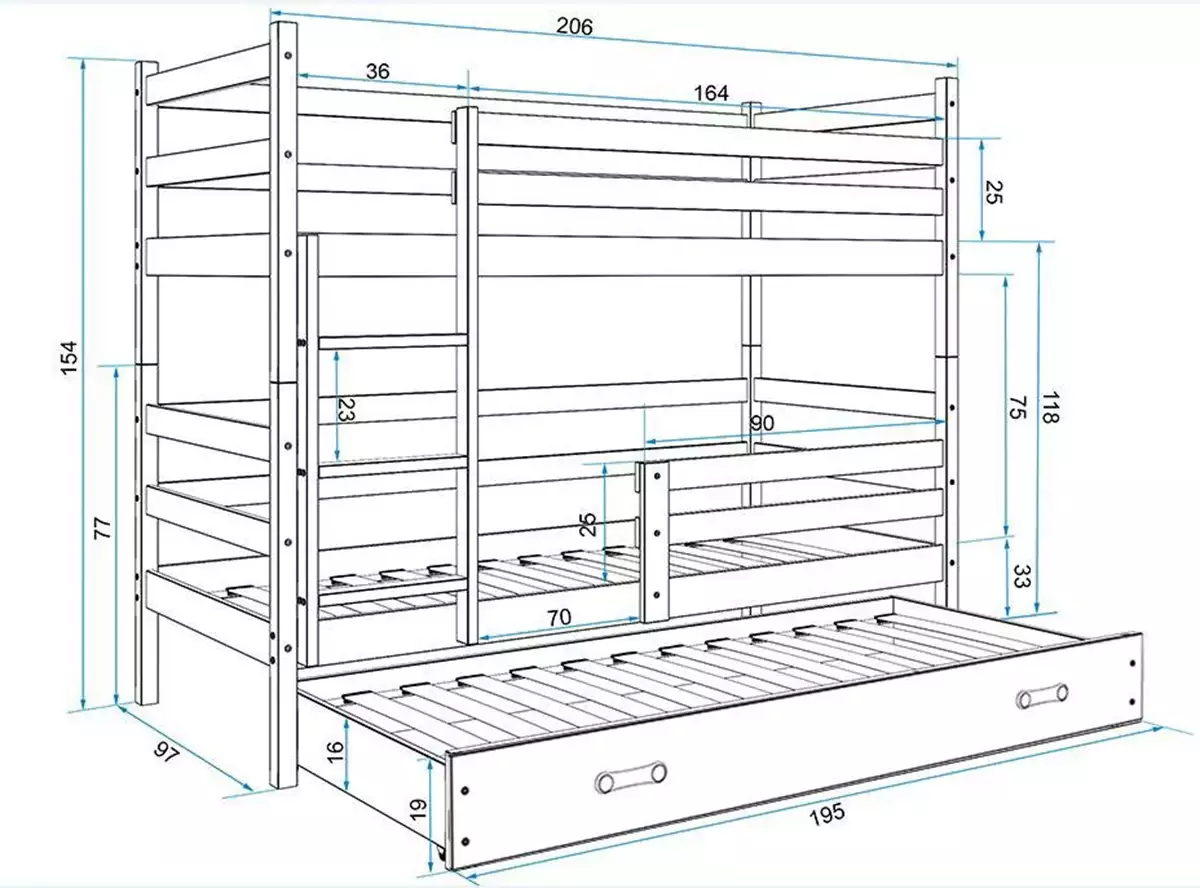 Dimensions et spécifications pour Lit ado superposé 3 places Éric 90X200 avec tiroir, blanc/bleu Dimensions et spécifications pour Lit ado superposé 3 places Éric 90X200 avec tiroir, blanc/bleu