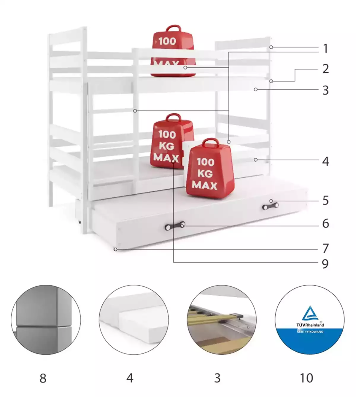 Composants pour Lit ado superposé 3 places Éric 90X200 avec tiroir, blanc Composants pour Lit ado superposé 3 places Éric 90X200 avec tiroir, blanc