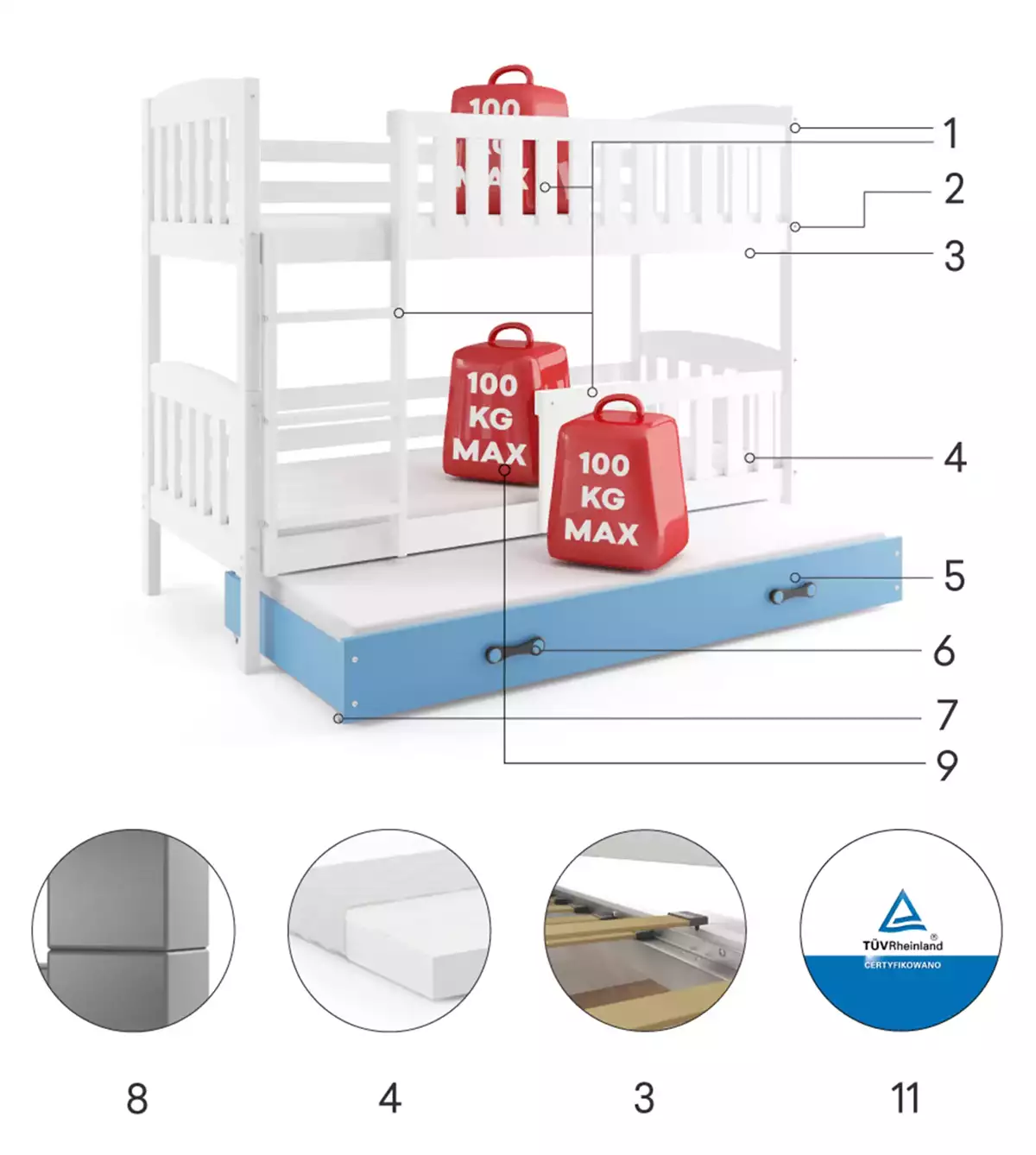 Composants pour Lit ado superposé 3 places Jacquot 90X190 avec matelas et tiroir, blanc/bleu Composants pour Lit ado superposé 3 places Jacquot 90X190 avec matelas et tiroir, blanc/bleu