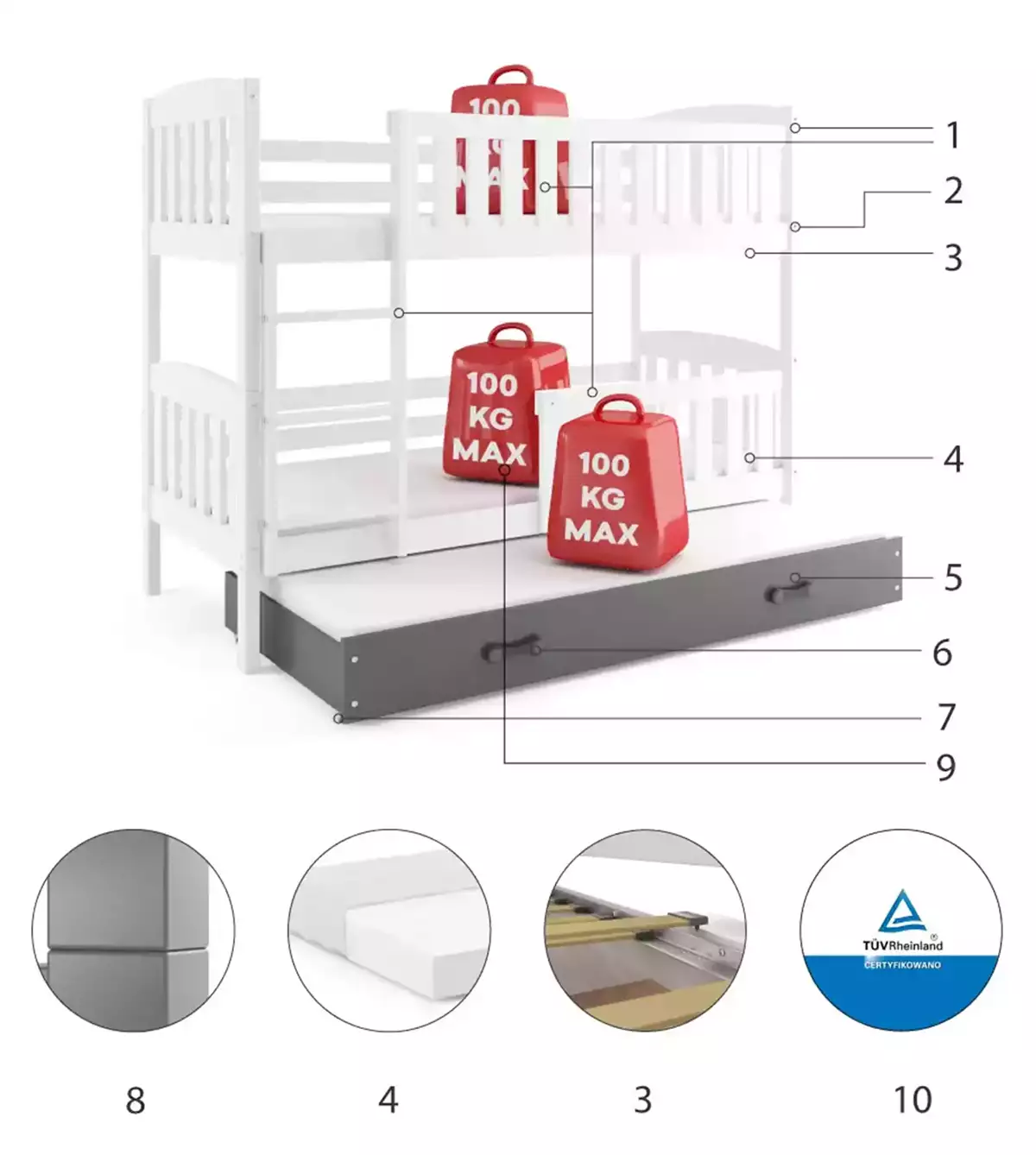 Composants pour Lit ado superposé 3 places Jacquot 90X190 avec matelas et tiroir, blanc/gris Composants pour Lit ado superposé 3 places Jacquot 90X190 avec matelas et tiroir, blanc/gris