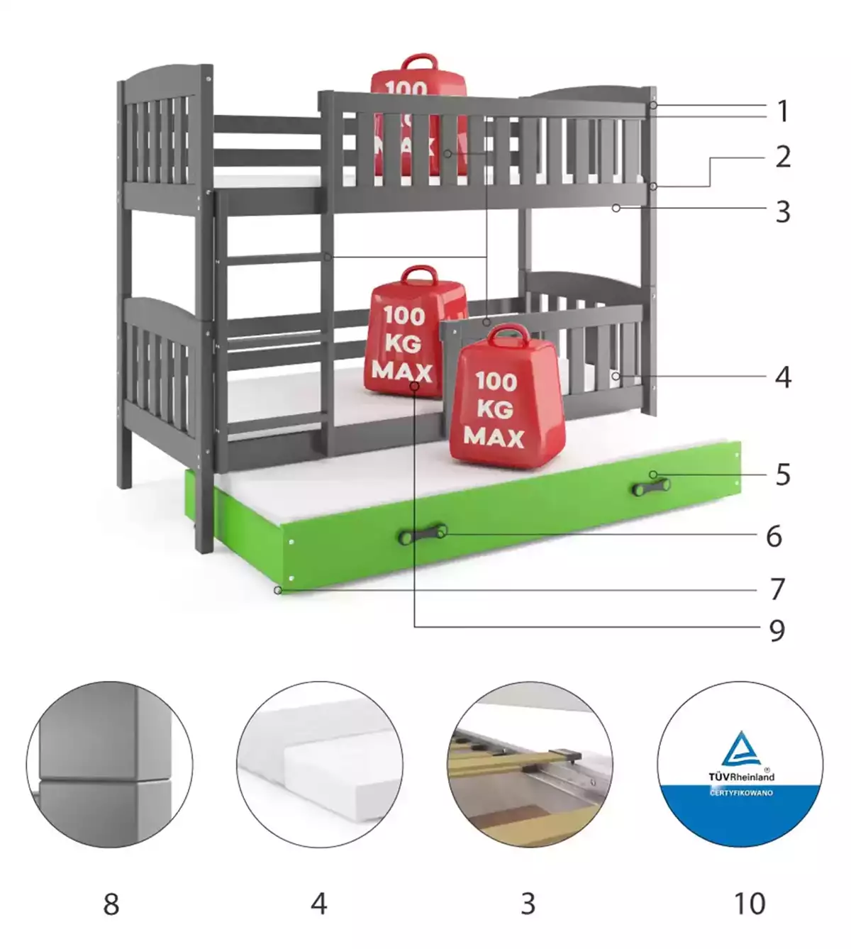 Composants pour Lit ado superposé 3 places Jacquot 90X190 avec matelas et tiroir, gris/vert Composants pour Lit ado superposé 3 places Jacquot 90X190 avec matelas et tiroir, gris/vert