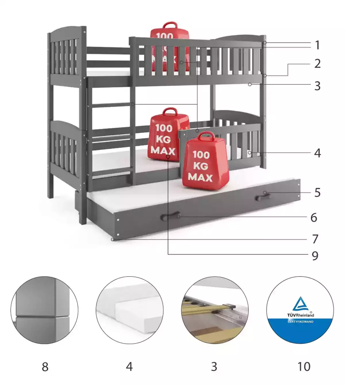 Composants pour Lit ado superposé 3 places Jacquot 90X200 avec matelas et tiroir, gris Composants pour Lit ado superposé 3 places Jacquot 90X200 avec matelas et tiroir, gris