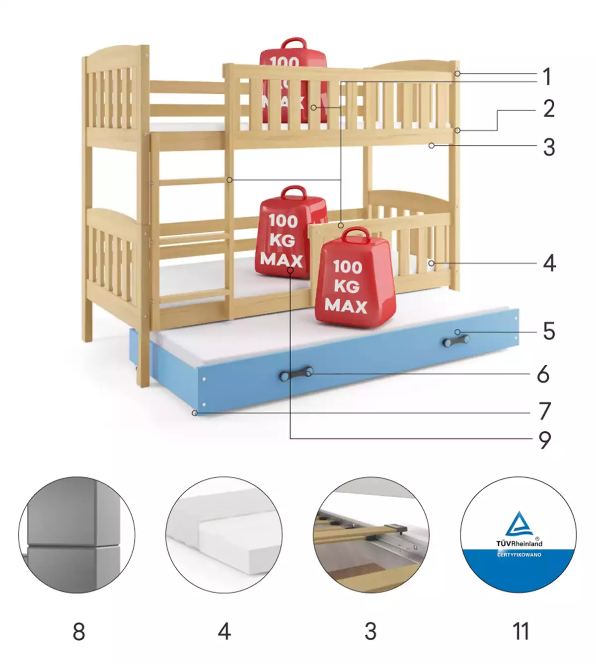 Composants pour Lit ado superposé 3 places Jacquot 90X200 avec matelas et tiroir, pin/bleu Composants pour Lit ado superposé 3 places Jacquot 90X200 avec matelas et tiroir, pin/bleu