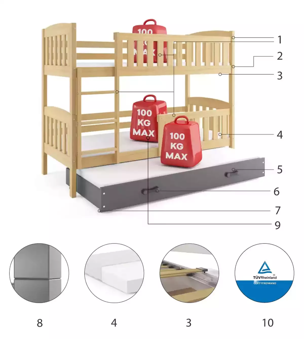 Composants pour Lit ado superposé 3 places Jacquot 90X200 avec matelas et tiroir, pin/gris Composants pour Lit ado superposé 3 places Jacquot 90X200 avec matelas et tiroir, pin/gris