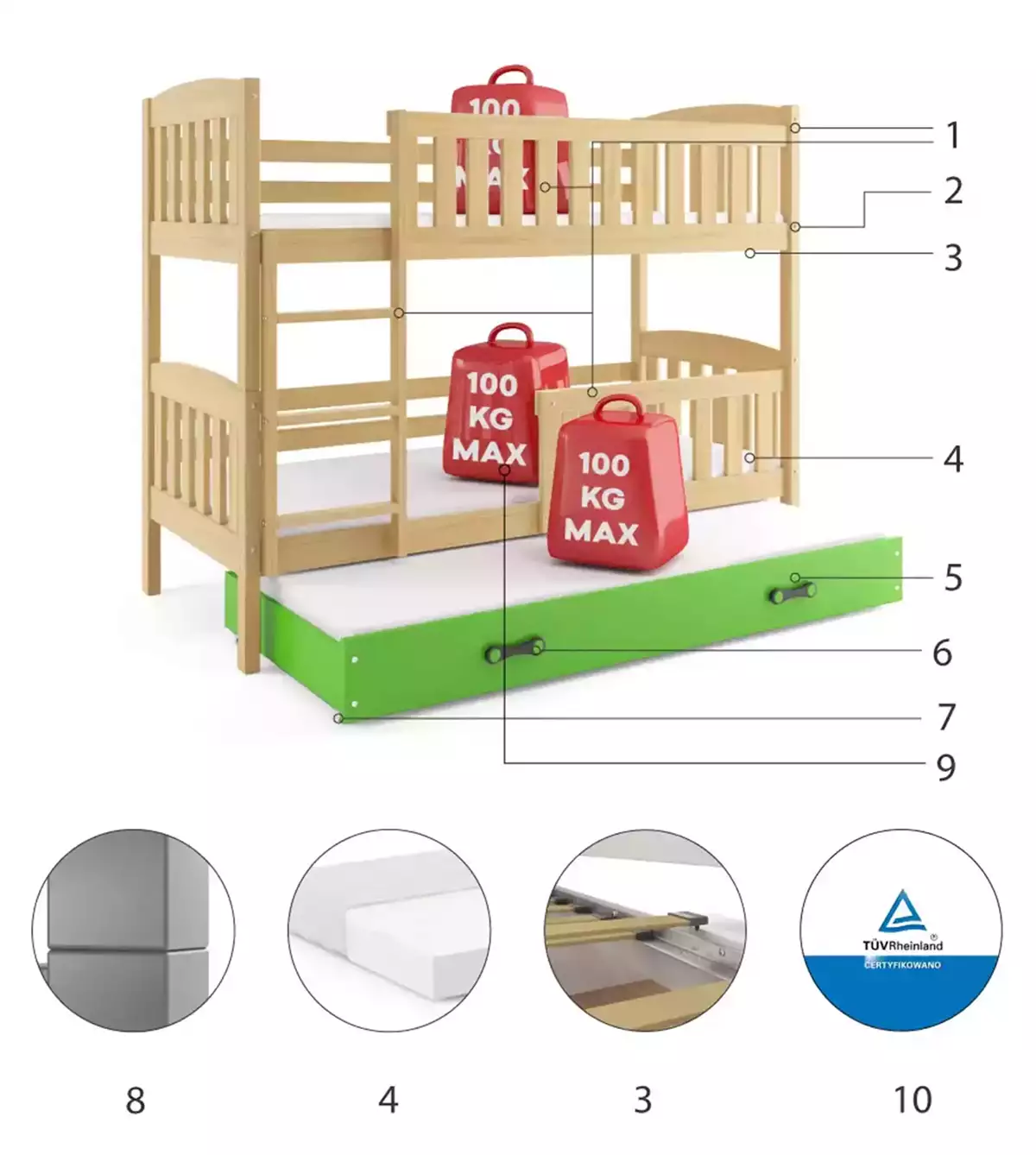 Composants pour Lit ado superposé 3 places Jacquot 90X200 avec matelas et tiroir, pin/vert Composants pour Lit ado superposé 3 places Jacquot 90X200 avec matelas et tiroir, pin/vert