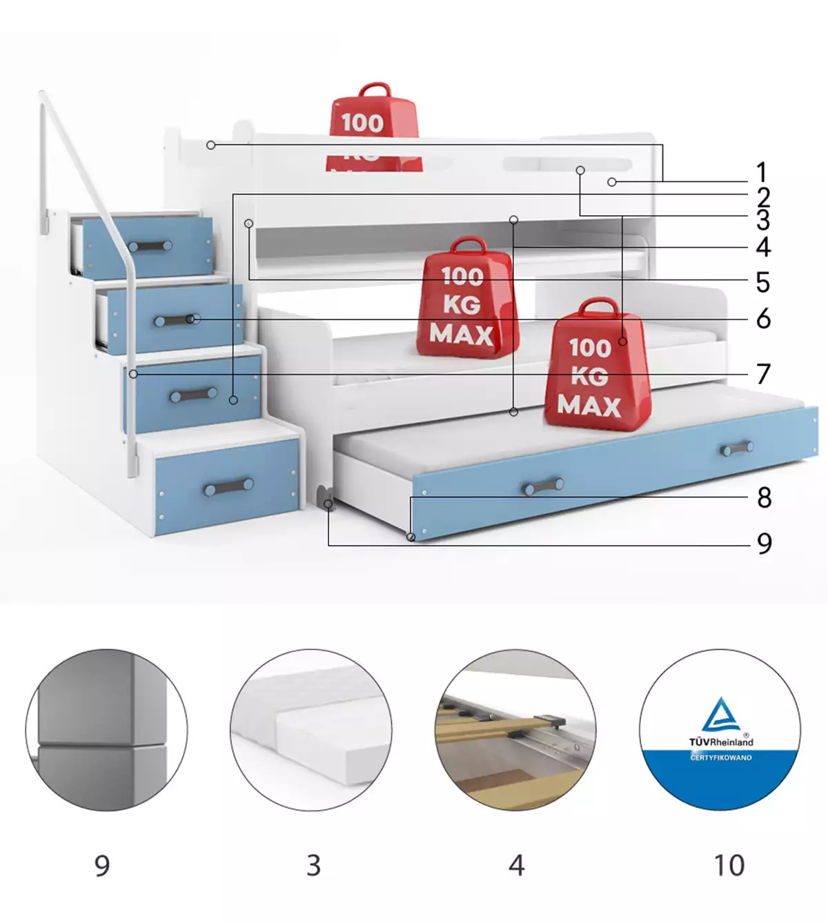 Composants pour Lit ado superposé 3 places Max 1 80X200 avec matelas et bureau, bleu Composants pour Lit ado superposé 3 places Max 1 80X200 avec matelas et bureau, bleu
