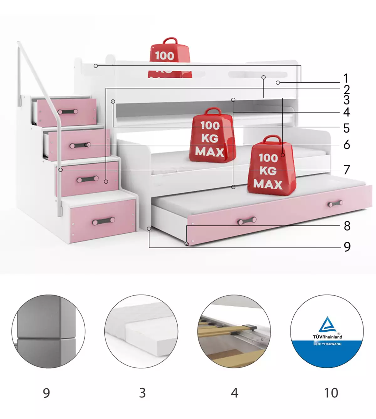 Composants pour Lit ado superposé 3 places Max 1 80X200 avec matelas et bureau, rose Composants pour Lit ado superposé 3 places Max 1 80X200 avec matelas et bureau, rose