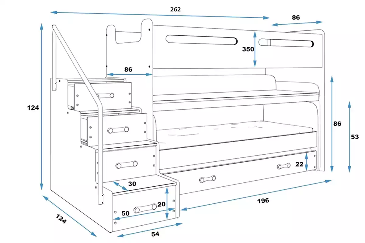 Dimensions et spécifications pour Lit ado superposé 3 places Max 1 80X200 avec matelas et bureau, vert Dimensions et spécifications pour Lit ado superposé 3 places Max 1 80X200 avec matelas et bureau, vert