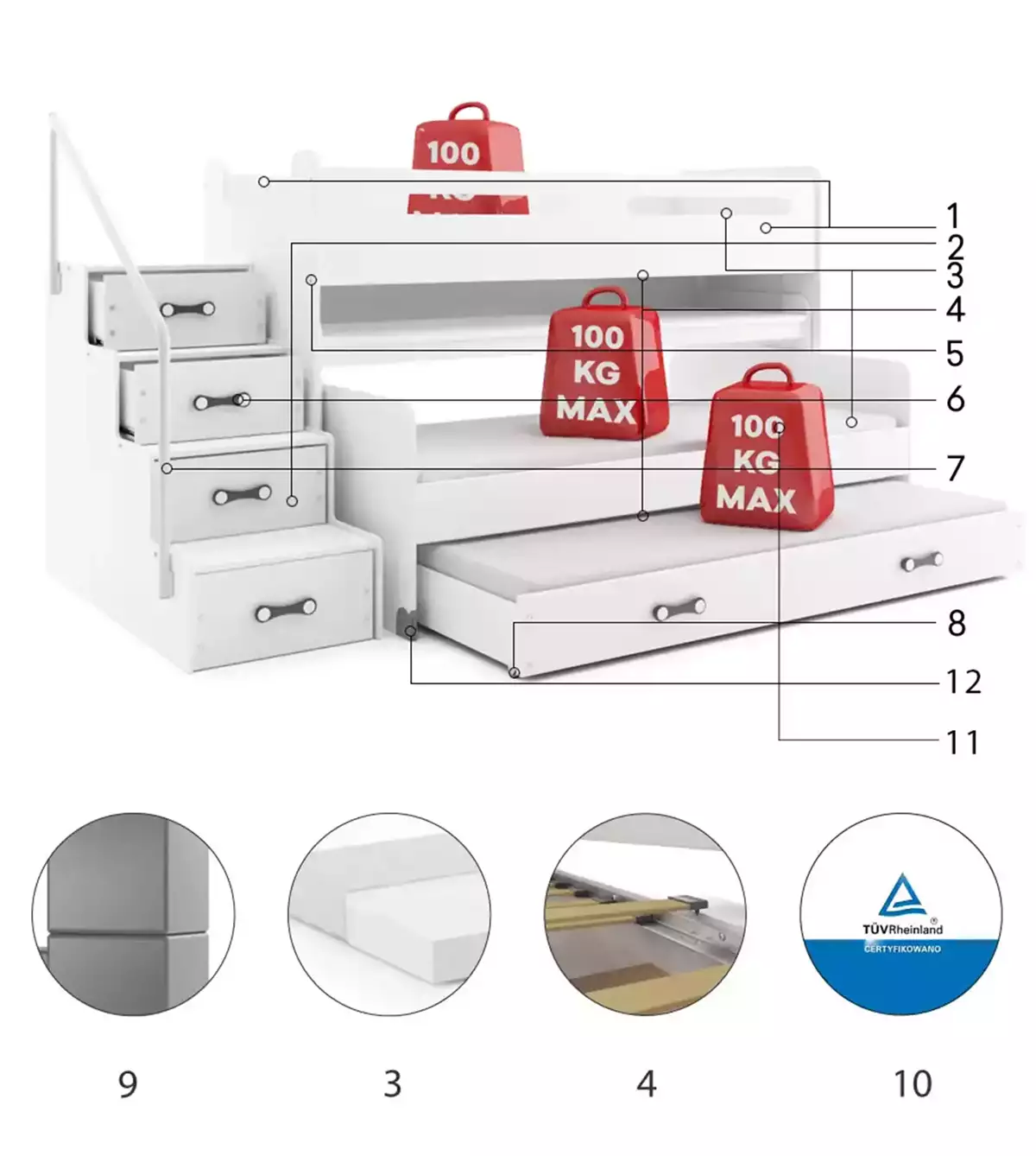 Composants pour Lit ado superposé 3 places Max 1 80X200 mezzanine avec bureau, blanc Composants pour Lit ado superposé 3 places Max 1 80X200 mezzanine avec bureau, blanc