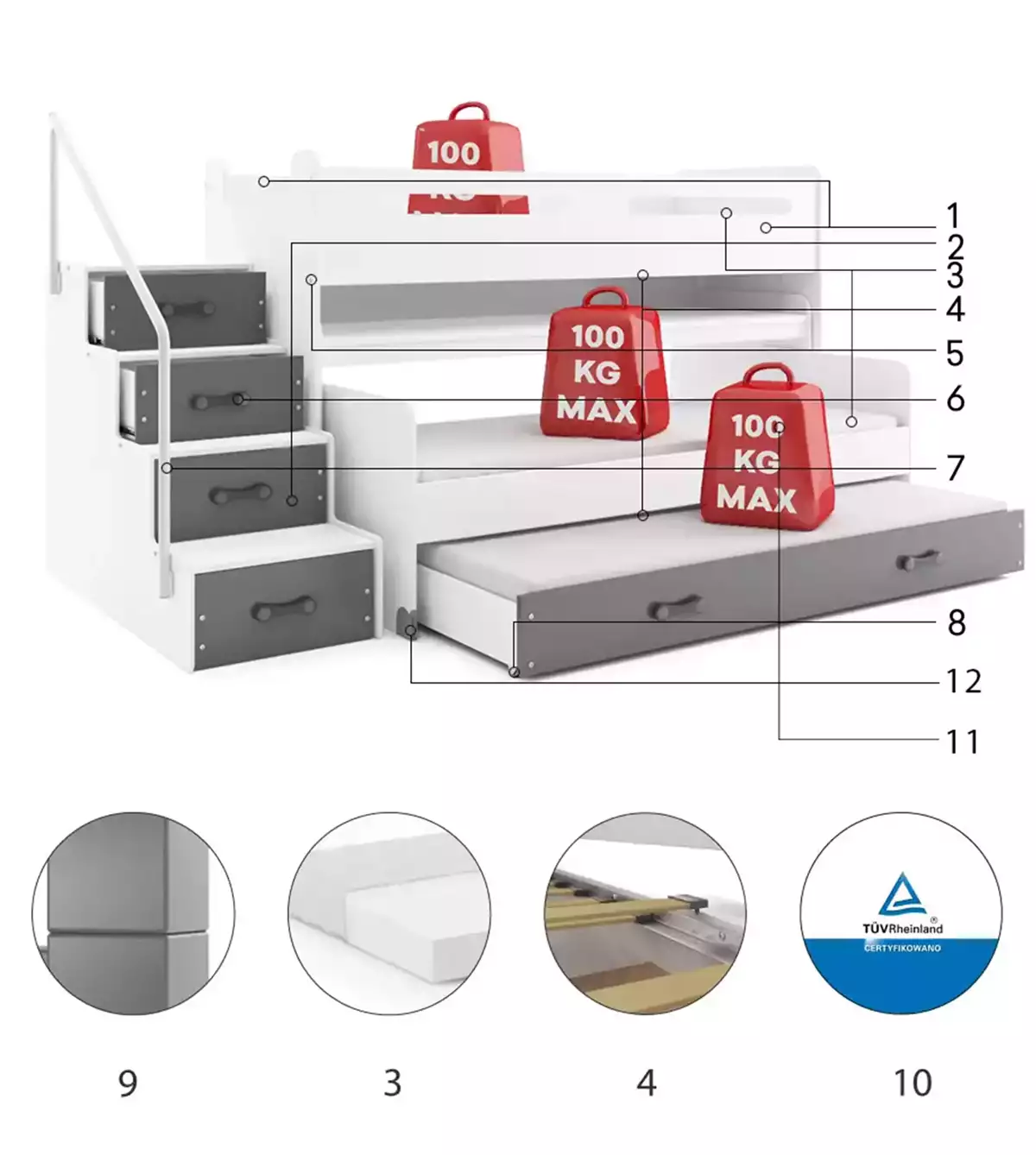 Composants pour Lit ado superposé 3 places Max 1 80X200 mezzanine avec bureau, gris Composants pour Lit ado superposé 3 places Max 1 80X200 mezzanine avec bureau, gris