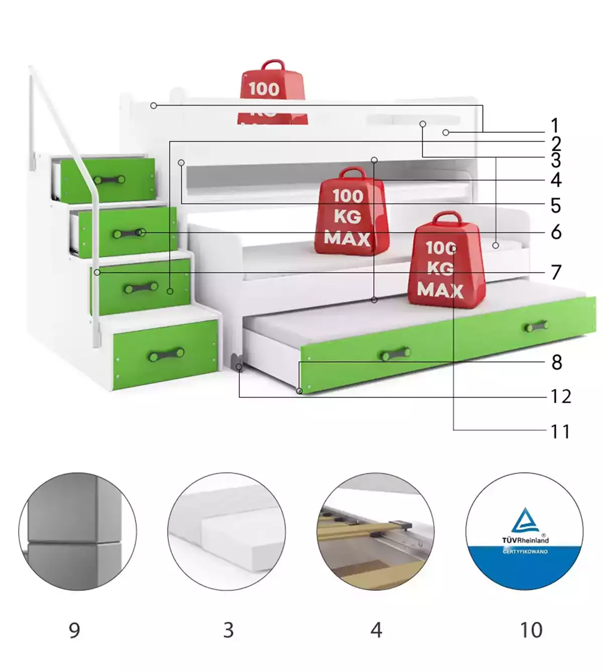 Composants pour Lit ado superposé 3 places Max 1 80X200 mezzanine avec bureau, vert Composants pour Lit ado superposé 3 places Max 1 80X200 mezzanine avec bureau, vert