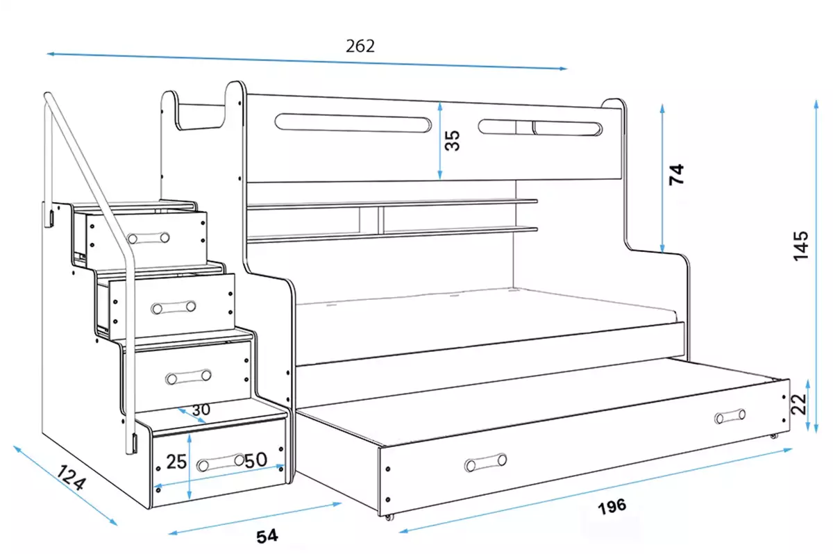 Dimensions et spécifications pour Lit ado superposé 3 places Max 3 120X200 avec matelas et tiroir, blanc Dimensions et spécifications pour Lit ado superposé 3 places Max 3 120X200 avec matelas et tiroir, blanc