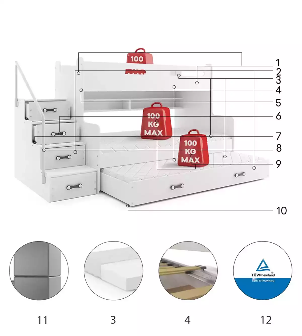 Composants pour Lit ado superposé 3 places Max 3 120X200 avec matelas et tiroir, blanc Composants pour Lit ado superposé 3 places Max 3 120X200 avec matelas et tiroir, blanc