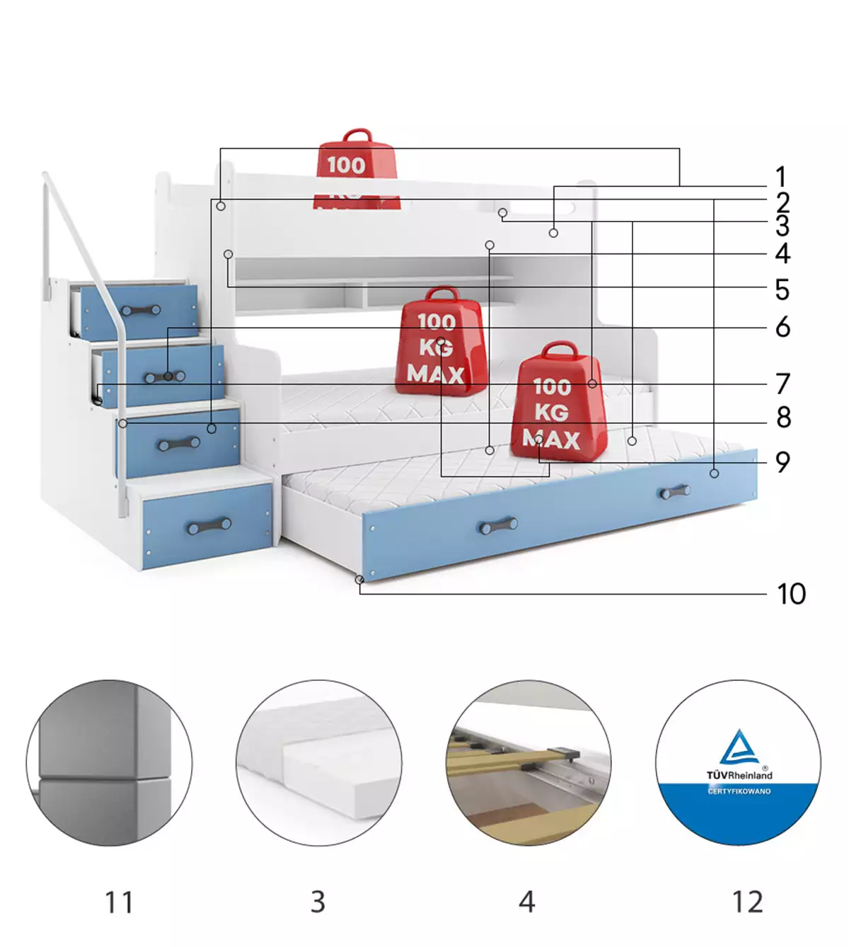 Composants pour Lit ado superposé 3 places Max 3 120X200 avec matelas et tiroir, bleu Composants pour Lit ado superposé 3 places Max 3 120X200 avec matelas et tiroir, bleu