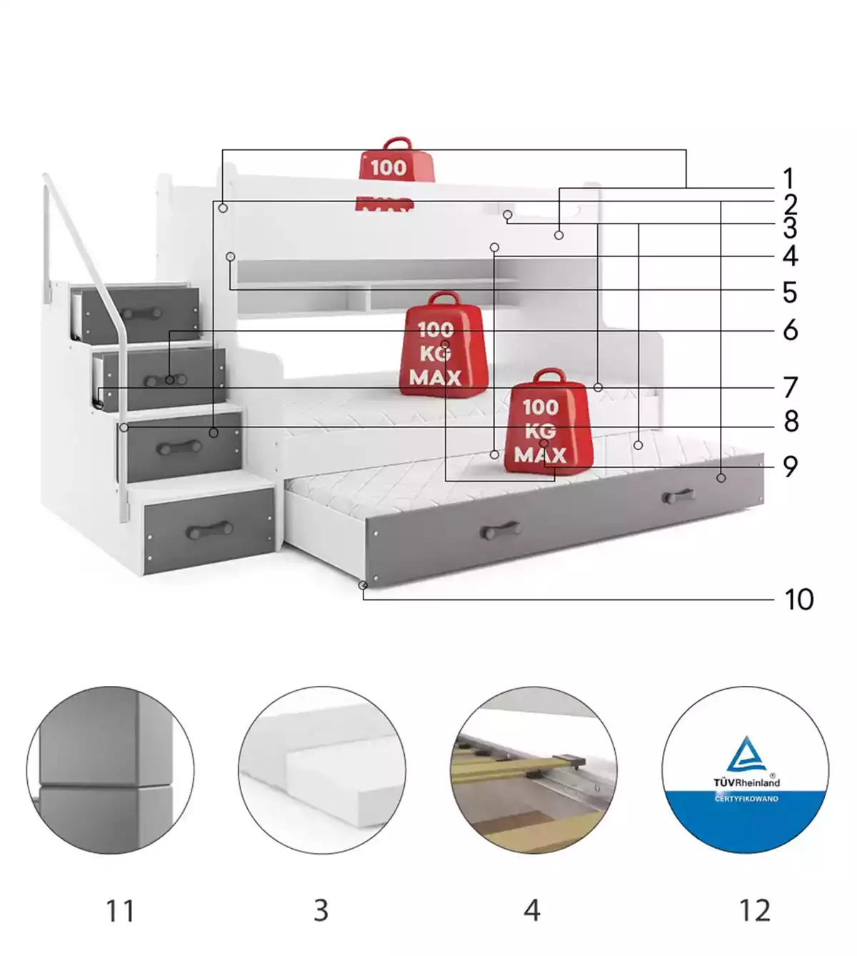 Composants pour Lit ado superposé 3 places Max 3 120X200 avec matelas et tiroir, gris Composants pour Lit ado superposé 3 places Max 3 120X200 avec matelas et tiroir, gris