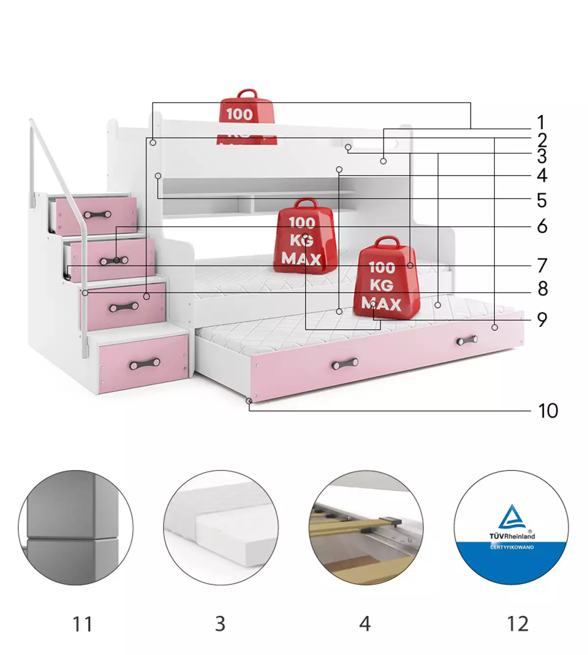Composants pour Lit ado superposé 3 places Max 3 120X200 avec matelas et tiroir, rose Composants pour Lit ado superposé 3 places Max 3 120X200 avec matelas et tiroir, rose