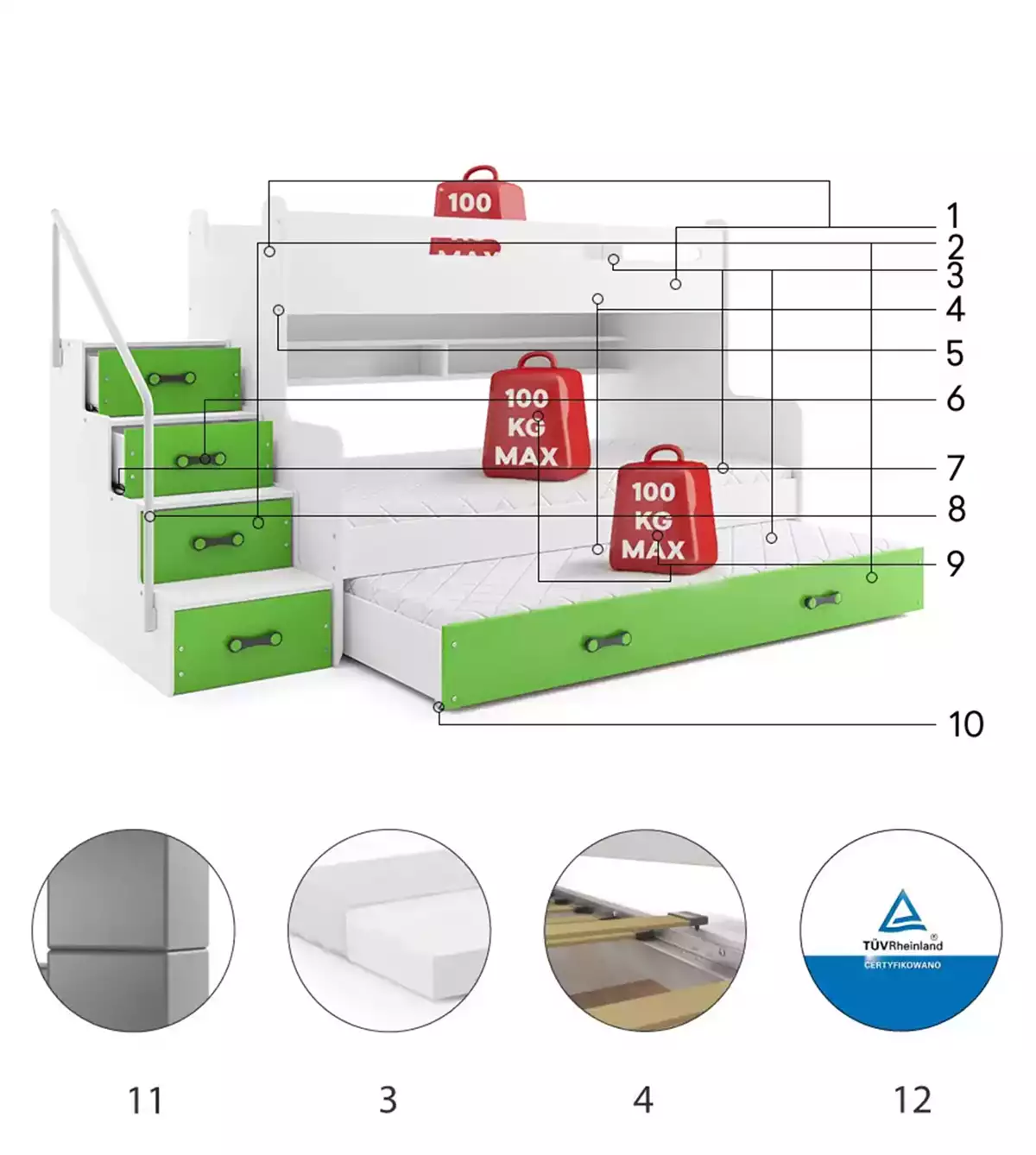 Composants pour Lit ado superposé 3 places Max 3 120X200 avec matelas et tiroir, vert