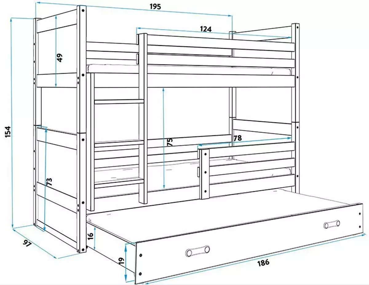 Dimensions et spécifications pour Lit ado superposé 3 places Rico 90X190 avec matelas et tiroir, pin/blanc Dimensions et spécifications pour Lit ado superposé 3 places Rico 90X190 avec matelas et tiroir, pin/blanc