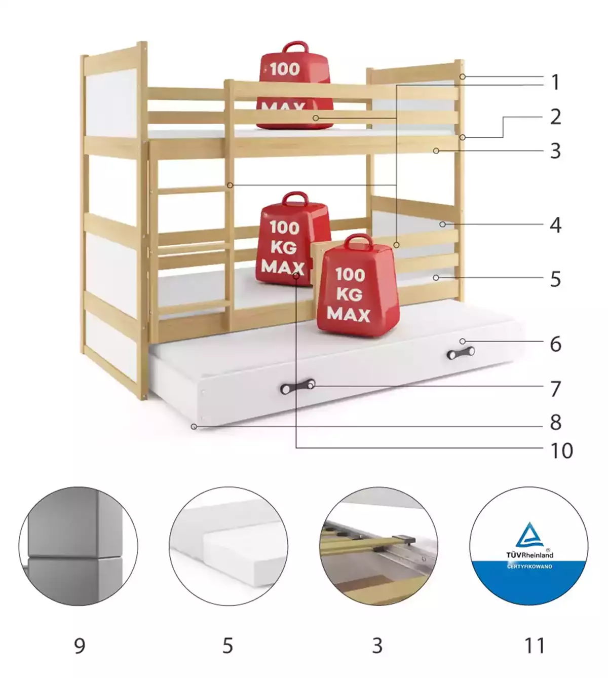 Composants pour Lit ado superposé 3 places Rico 90X190 avec matelas et tiroir, pin/blanc Composants pour Lit ado superposé 3 places Rico 90X190 avec matelas et tiroir, pin/blanc