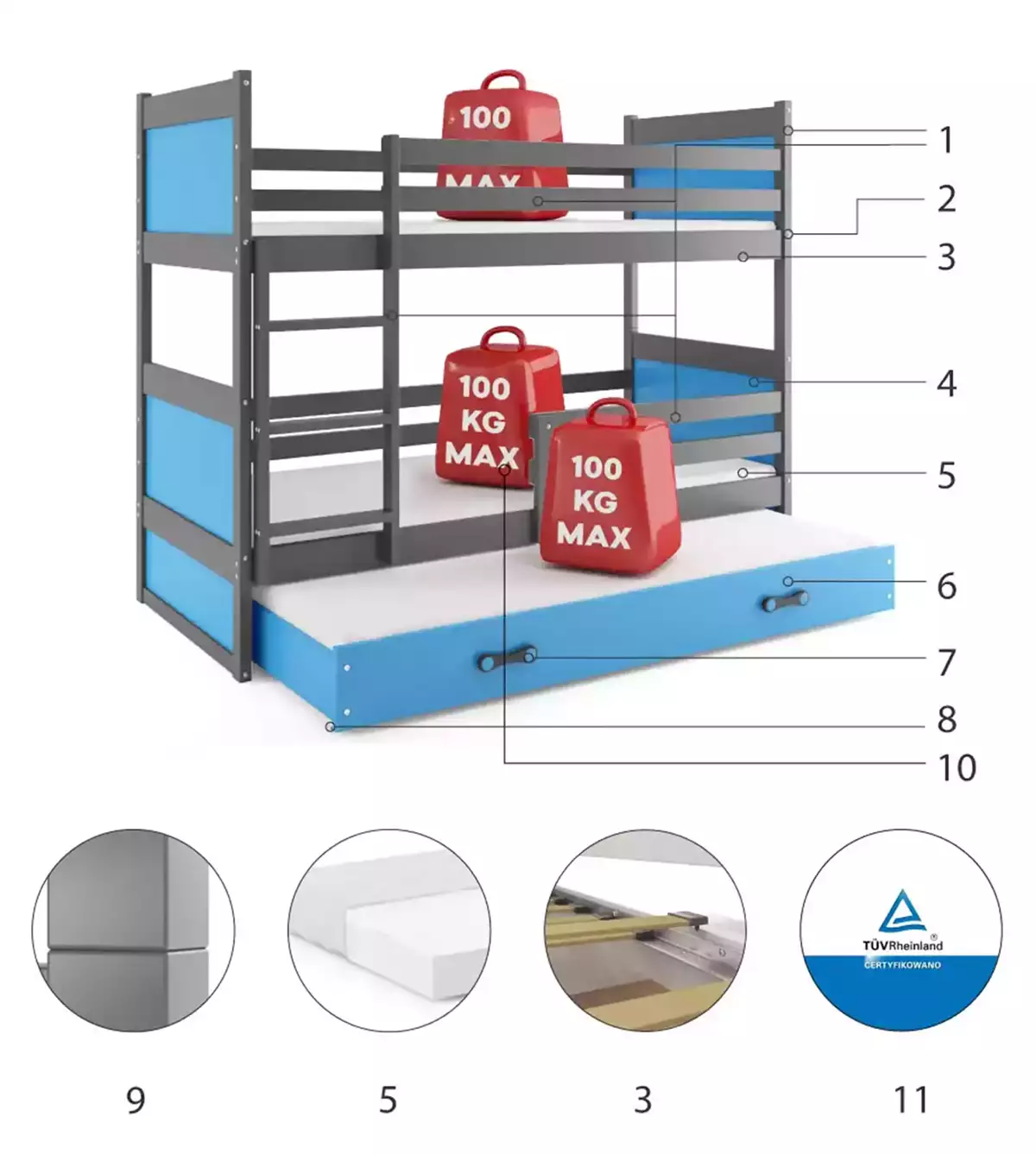 Composants pour Lit ado superposé 3 places Rico 90X190 avec tiroir, gris/bleu Composants pour Lit ado superposé 3 places Rico 90X190 avec tiroir, gris/bleu