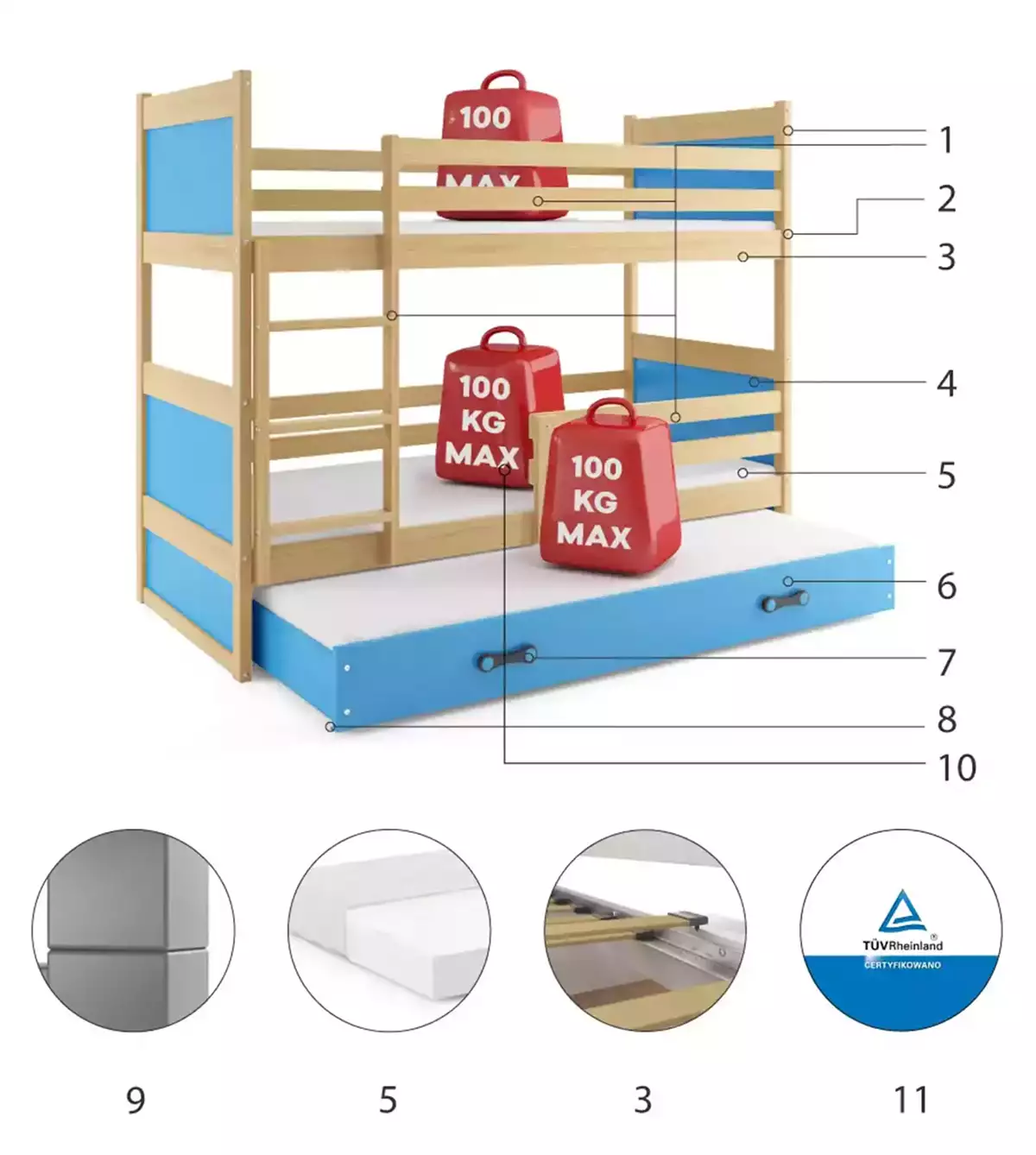 Composants pour Lit ado superposé 3 places Rico 90X190 avec tiroir, pin/bleu Composants pour Lit ado superposé 3 places Rico 90X190 avec tiroir, pin/bleu