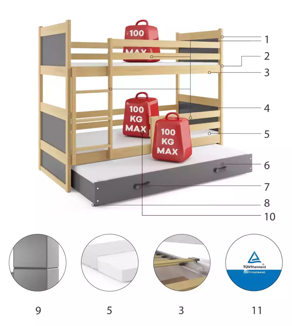 Composants pour Lit ado superposé 3 places Rico 90X190 avec tiroir, pin/gris Composants pour Lit ado superposé 3 places Rico 90X190 avec tiroir, pin/gris