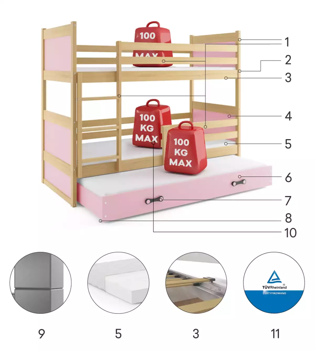 Composants pour Lit ado superposé 3 places Rico 90X190 avec tiroir, pin/rose Composants pour Lit ado superposé 3 places Rico 90X190 avec tiroir, pin/rose