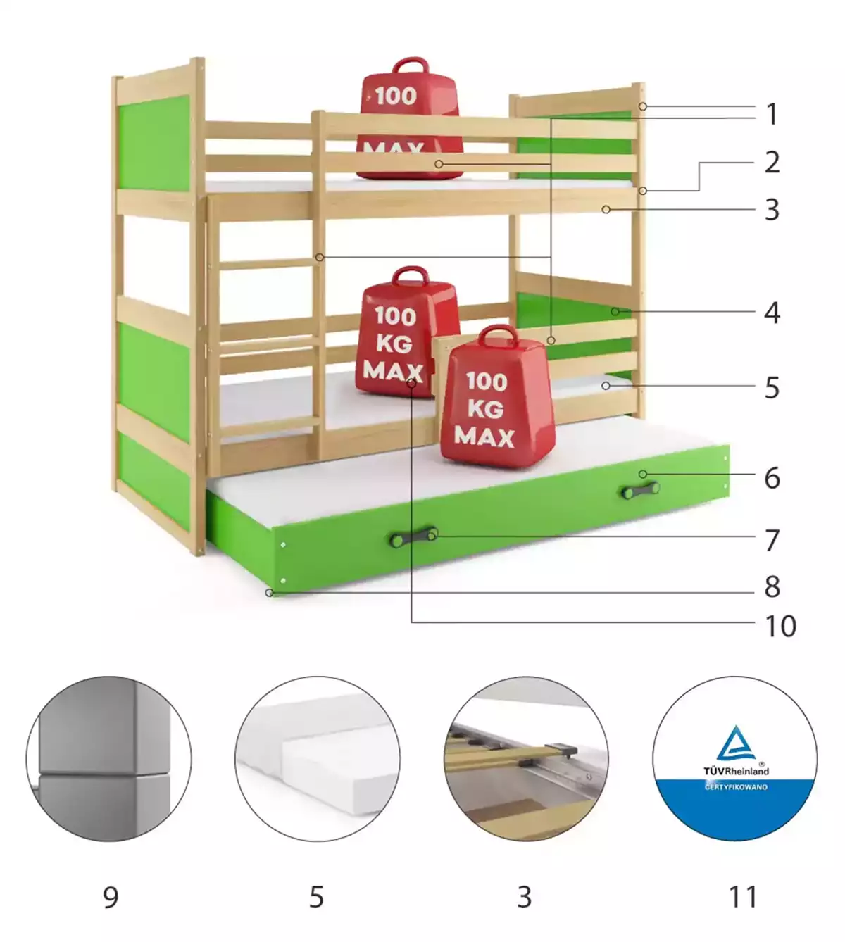 Composants pour Lit ado superposé 3 places Rico 90X190 avec tiroir, pin/vert Composants pour Lit ado superposé 3 places Rico 90X190 avec tiroir, pin/vert