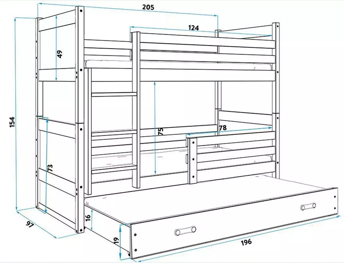 Dimensions et spécifications pour Lit ado superposé 3 places Rico 90X200 avec matelas et tiroir, gris/blanc Dimensions et spécifications pour Lit ado superposé 3 places Rico 90X200 avec matelas et tiroir, gris/blanc