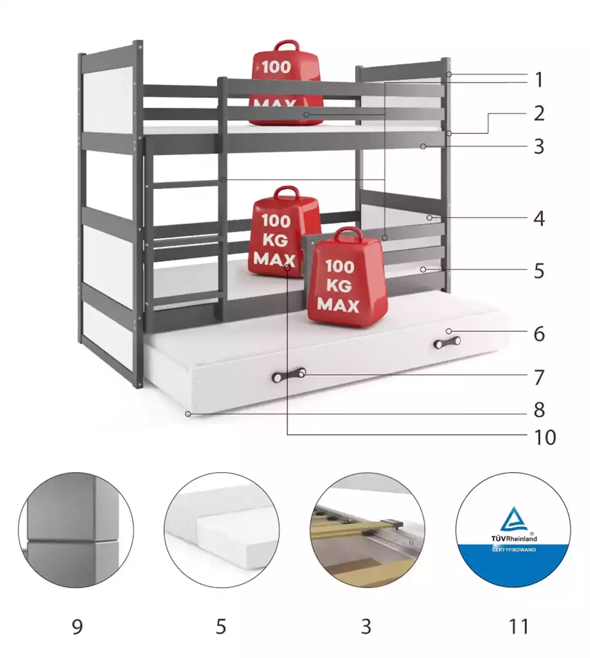 Composants pour Lit ado superposé 3 places Rico 90X200 avec matelas et tiroir, gris/blanc Composants pour Lit ado superposé 3 places Rico 90X200 avec matelas et tiroir, gris/blanc