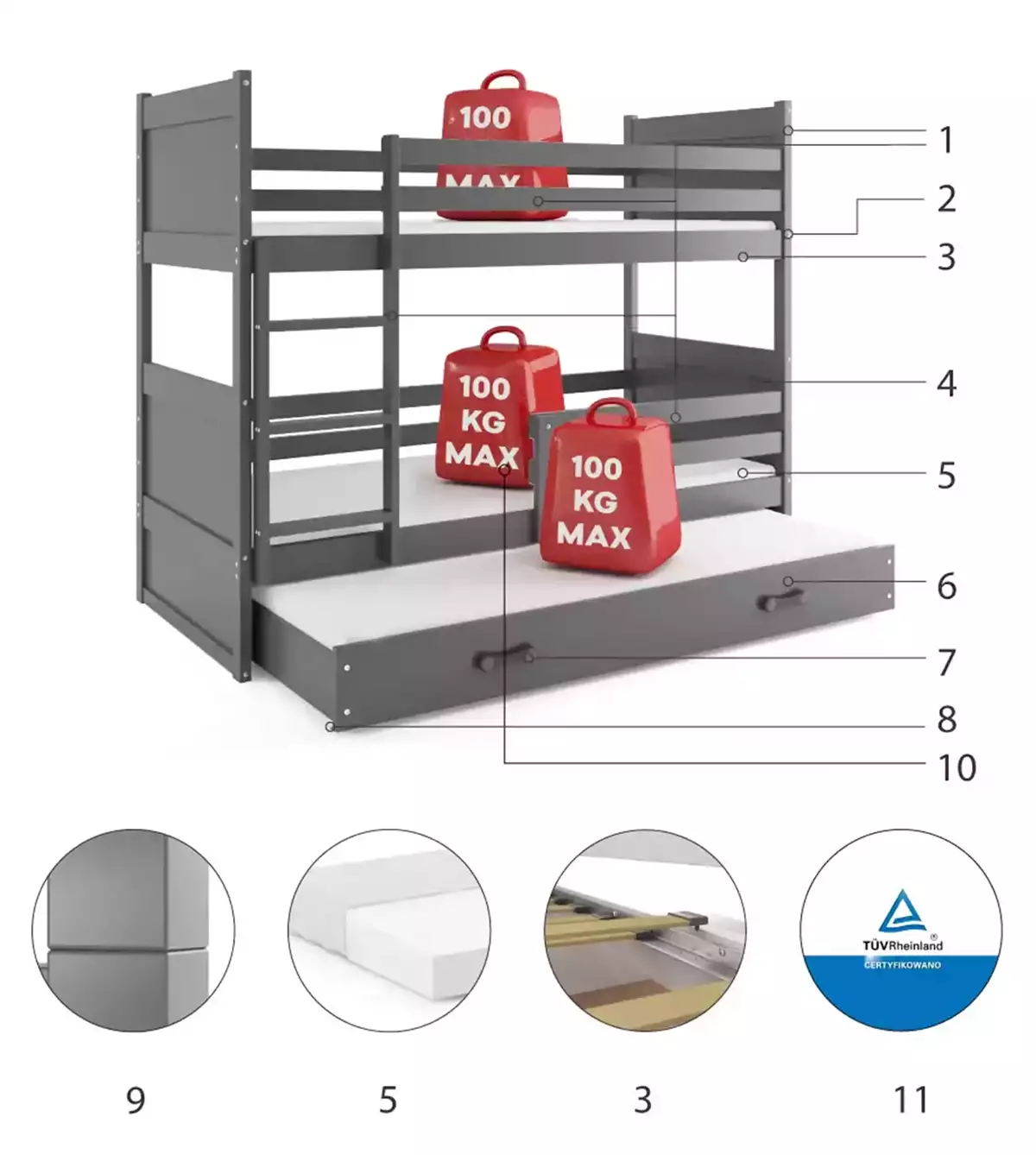 Composants pour Lit ado superposé 3 places Rico 90X200 avec matelas et tiroir, gris Composants pour Lit ado superposé 3 places Rico 90X200 avec matelas et tiroir, gris