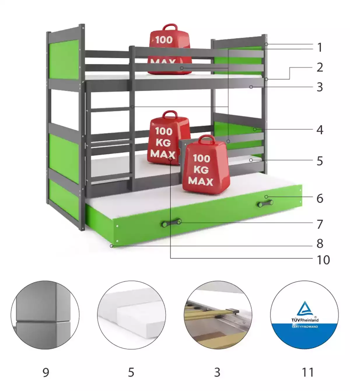 Composants pour Lit ado superposé 3 places Rico 90X200 avec tiroir, gris/vert Composants pour Lit ado superposé 3 places Rico 90X200 avec tiroir, gris/vert