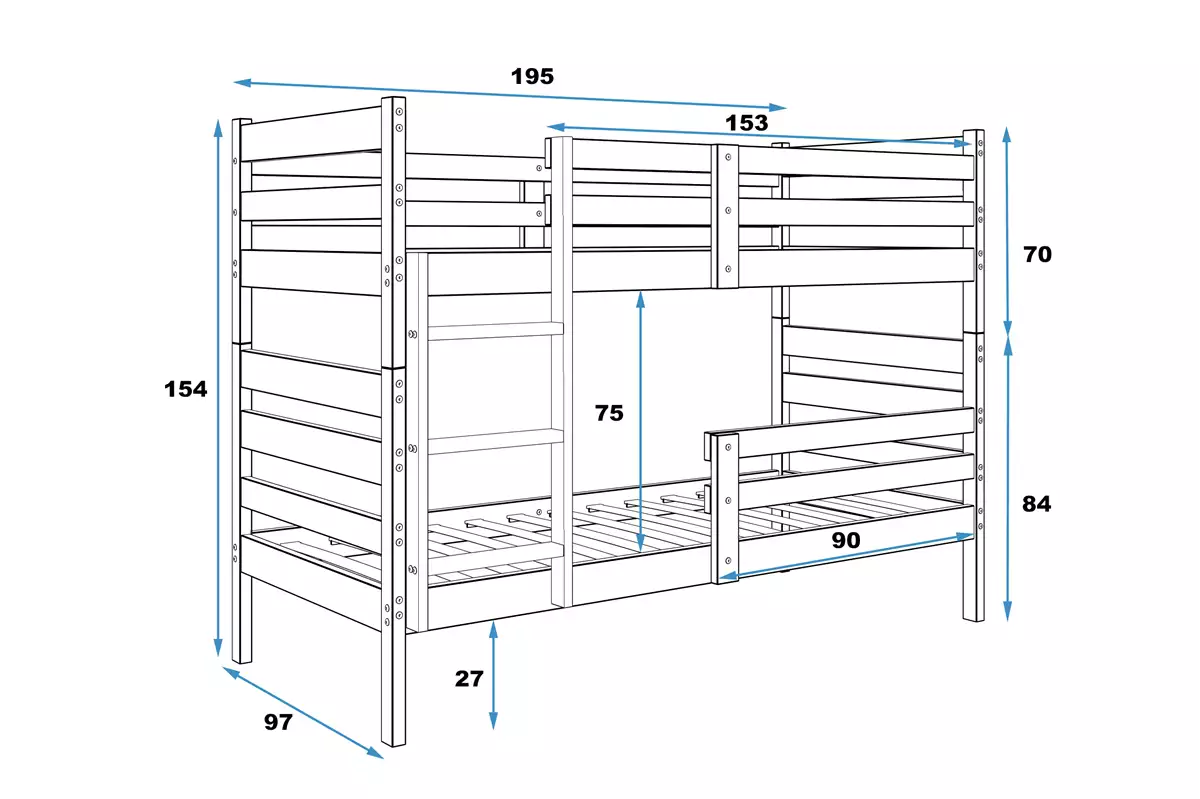 Dimensions et spécifications pour Lit ado superposé Éric 90X190, bois naturel Dimensions et spécifications pour Lit ado superposé Éric 90X190, bois naturel