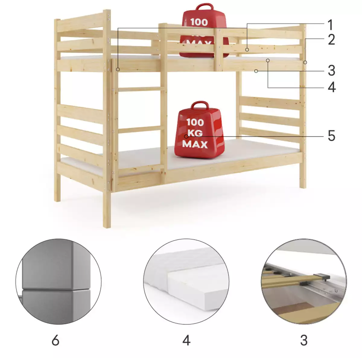 Composants pour Lit ado superposé Éric 90X190, bois naturel Composants pour Lit ado superposé Éric 90X190, bois naturel
