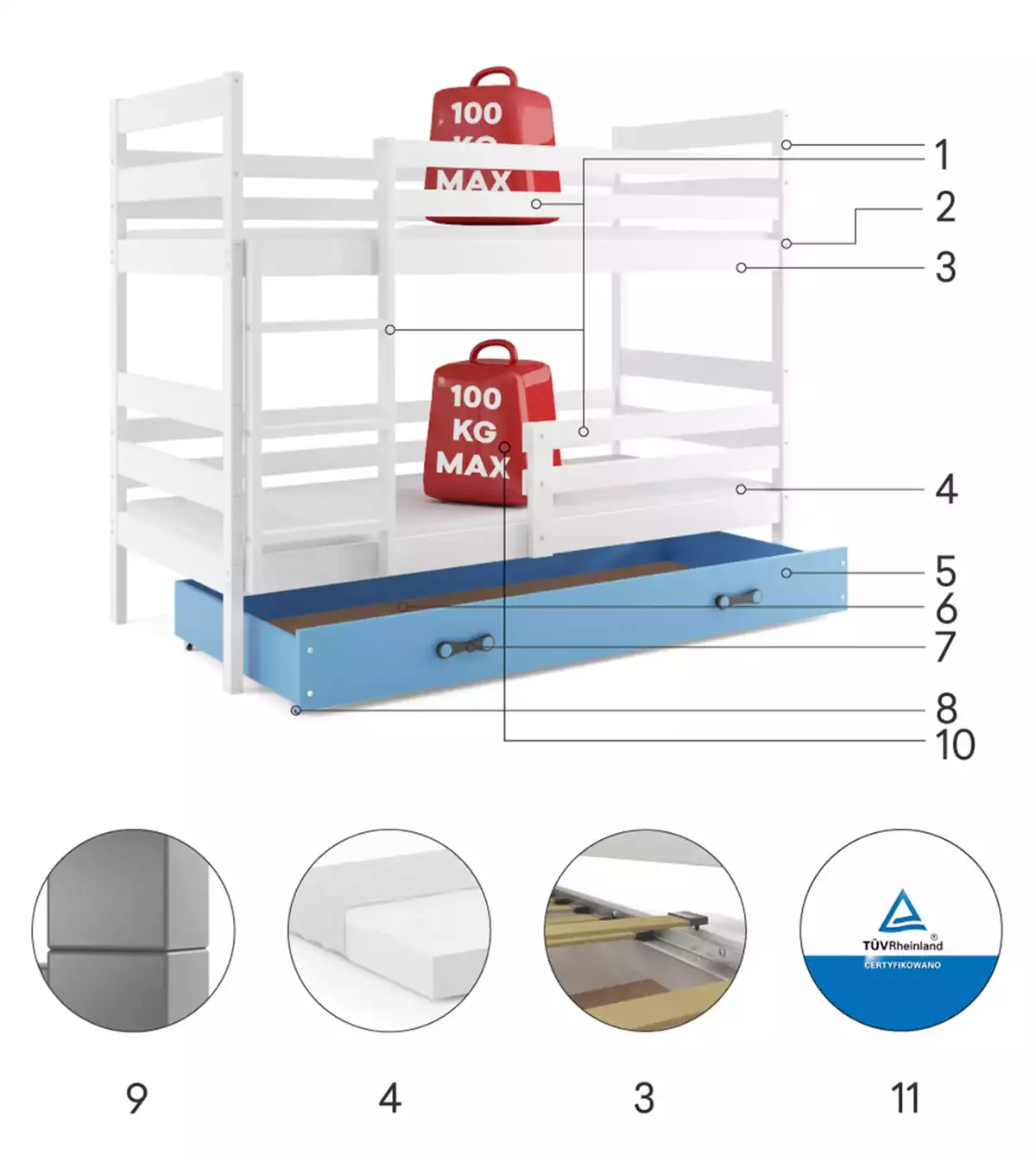 Composants pour Lit ado superposé Éric 90X200 avec matelas et tiroir, blanc/bleu Composants pour Lit ado superposé Éric 90X200 avec matelas et tiroir, blanc/bleu