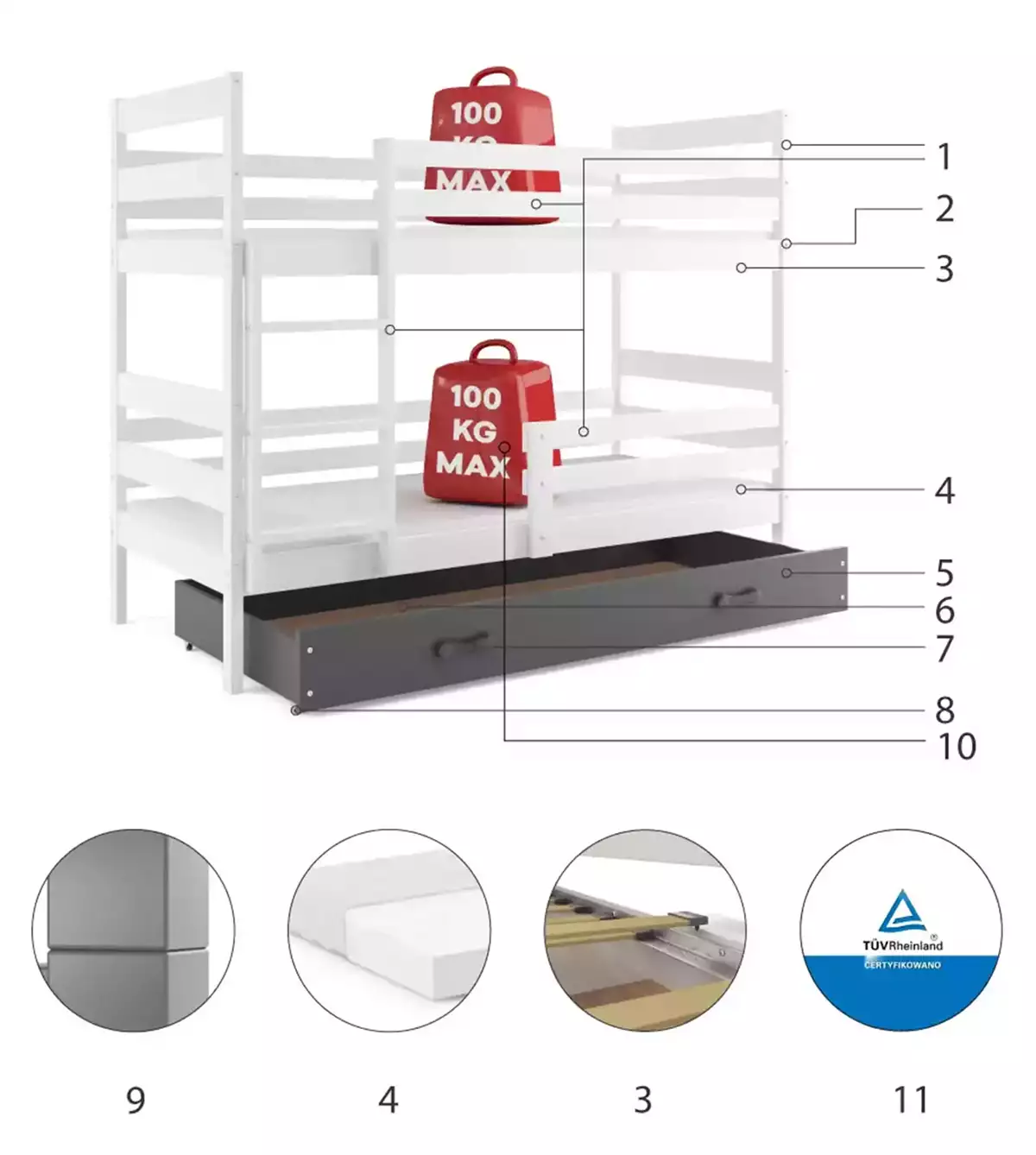 Composants pour Lit ado superposé Éric 90X200 avec matelas et tiroir, blanc/gris Composants pour Lit ado superposé Éric 90X200 avec matelas et tiroir, blanc/gris