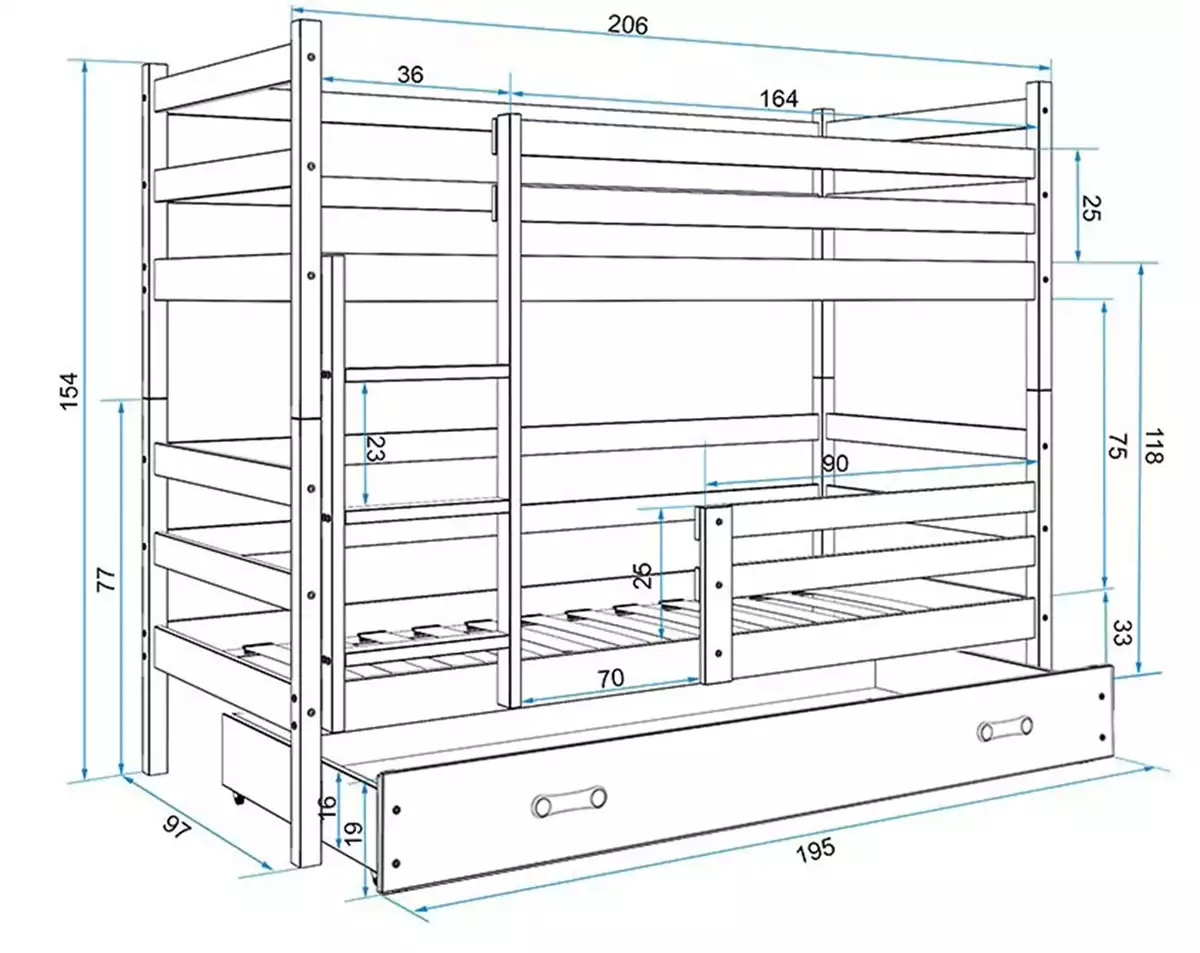 Dimensions et spécifications pour Lit ado superposé Éric 90X200 avec matelas et tiroir, blanc/vert Dimensions et spécifications pour Lit ado superposé Éric 90X200 avec matelas et tiroir, blanc/vert