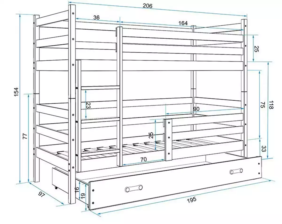 Dimensions et spécifications pour Lit ado superposé Éric 90X200 avec tiroir, blanc Dimensions et spécifications pour Lit ado superposé Éric 90X200 avec tiroir, blanc