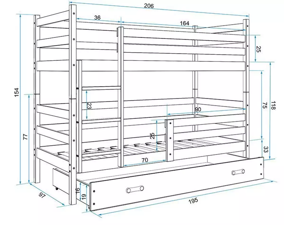 Dimensions et spécifications pour Lit ado superposé Éric 90X200 avec tiroir, blanc/gris Dimensions et spécifications pour Lit ado superposé Éric 90X200 avec tiroir, blanc/gris