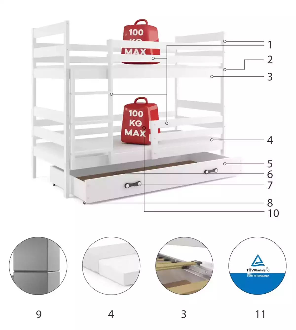 Composants pour Lit ado superposé Éric 90X200 avec tiroir, blanc Composants pour Lit ado superposé Éric 90X200 avec tiroir, blanc
