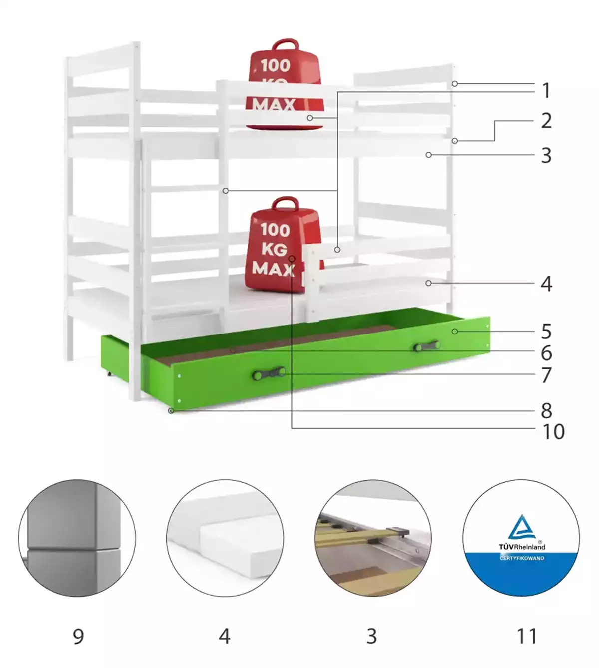 Composants pour Lit ado superposé Éric 90X200 avec tiroir, blanc/vert Composants pour Lit ado superposé Éric 90X200 avec tiroir, blanc/vert