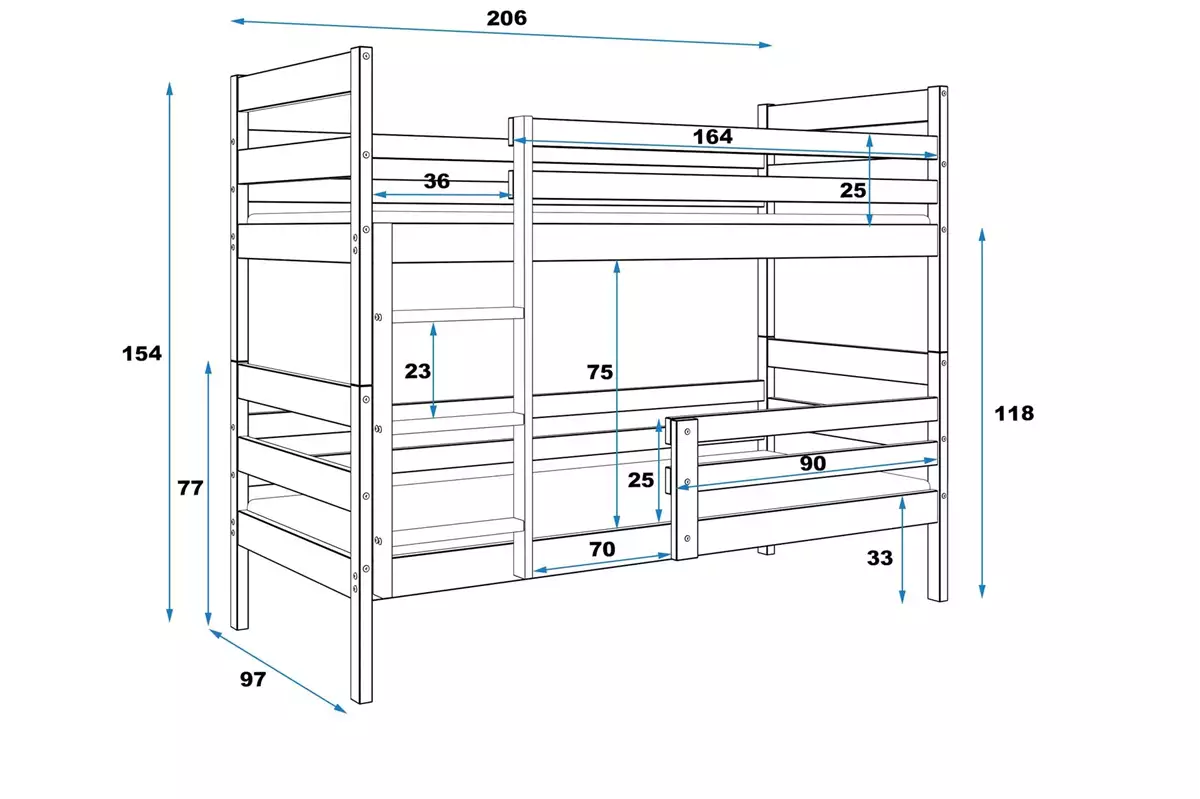 Dimensions et spécifications pour Lit ado superposé Éric 90X200, blanc Dimensions et spécifications pour Lit ado superposé Éric 90X200, blanc