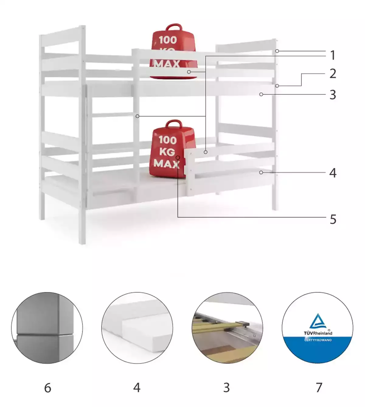 Composants pour Lit ado superposé Éric 90X200, blanc Composants pour Lit ado superposé Éric 90X200, blanc
