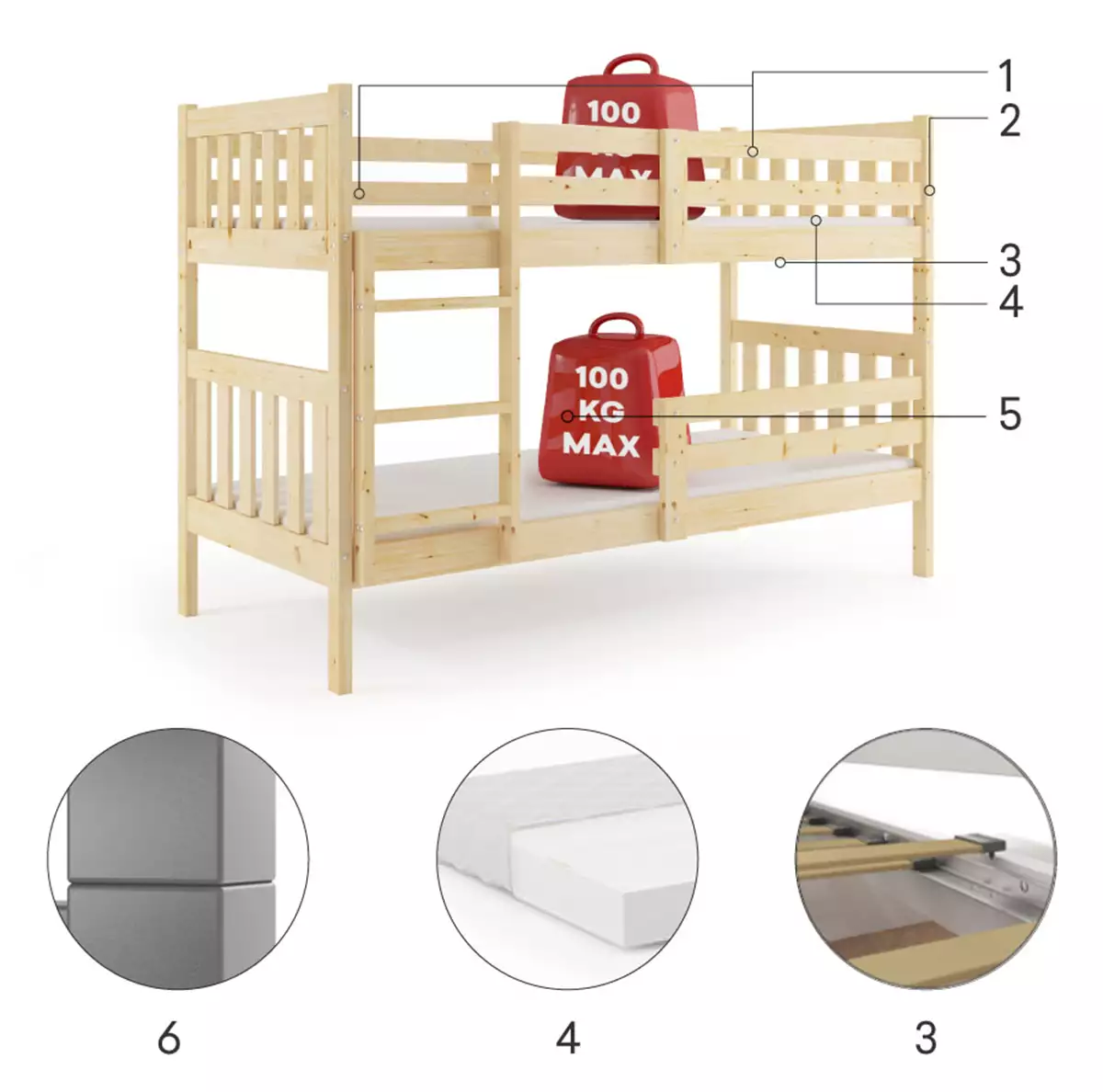 Composants pour Lit ado superposé Gaspard 90X190, bois naturel Composants pour Lit ado superposé Gaspard 90X190, bois naturel