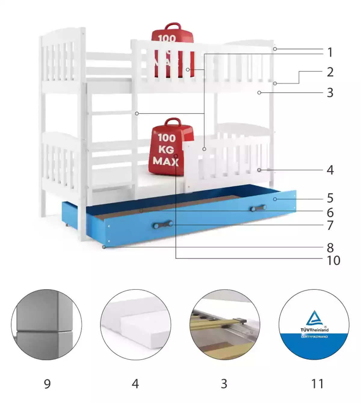 Composants pour Lit ado superposé Jacquot 90X190 avec matelas et tiroir, blanc/bleu Composants pour Lit ado superposé Jacquot 90X190 avec matelas et tiroir, blanc/bleu
