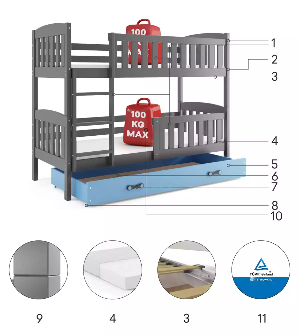 Composants pour Lit ado superposé Jacquot 90X190 avec matelas et tiroir, gris/bleu Composants pour Lit ado superposé Jacquot 90X190 avec matelas et tiroir, gris/bleu