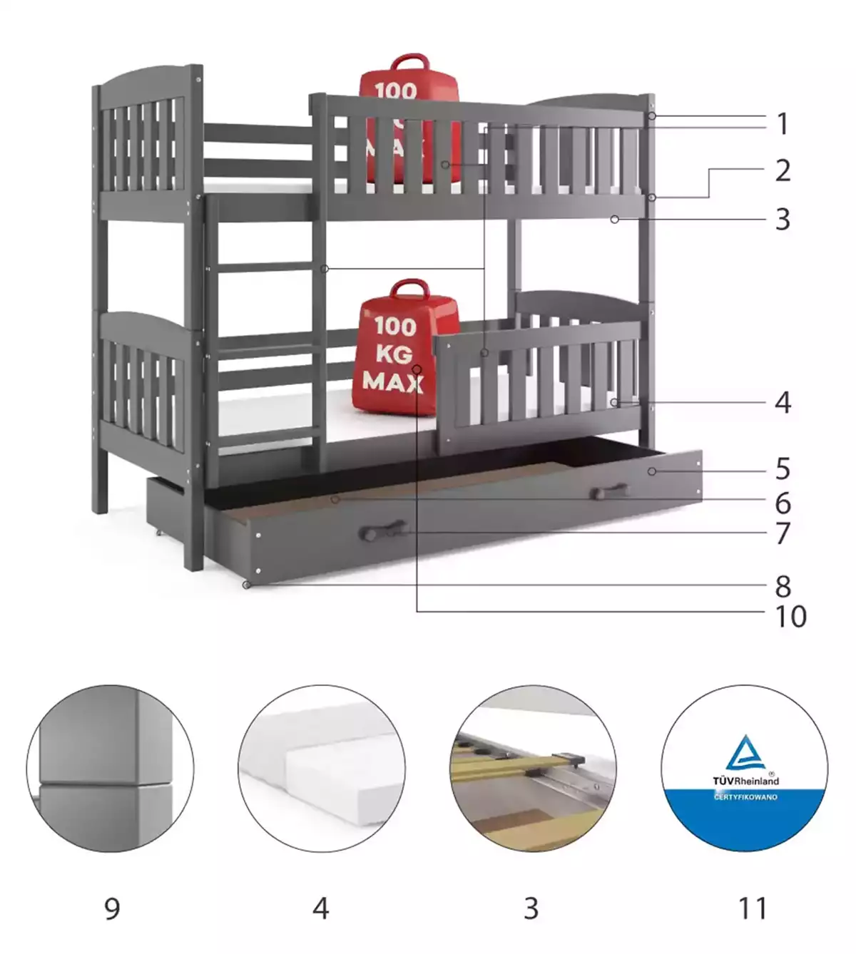 Composants pour Lit ado superposé Jacquot 90X190 avec matelas et tiroir, gris Composants pour Lit ado superposé Jacquot 90X190 avec matelas et tiroir, gris