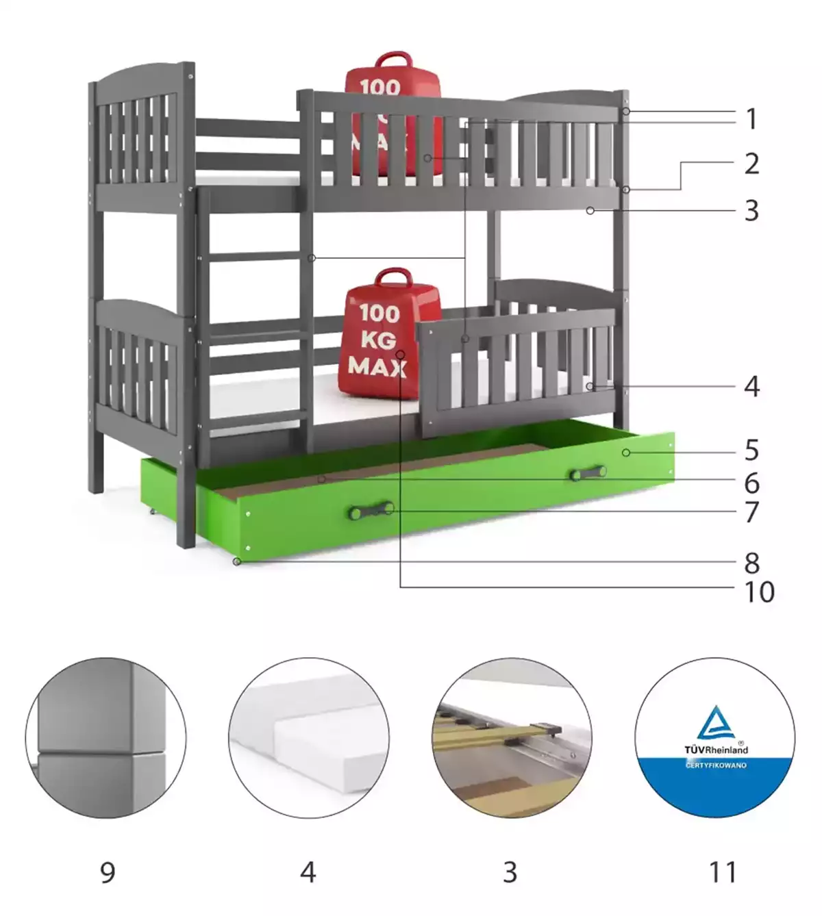 Composants pour Lit ado superposé Jacquot 90X190 avec matelas et tiroir, gris/vert Composants pour Lit ado superposé Jacquot 90X190 avec matelas et tiroir, gris/vert